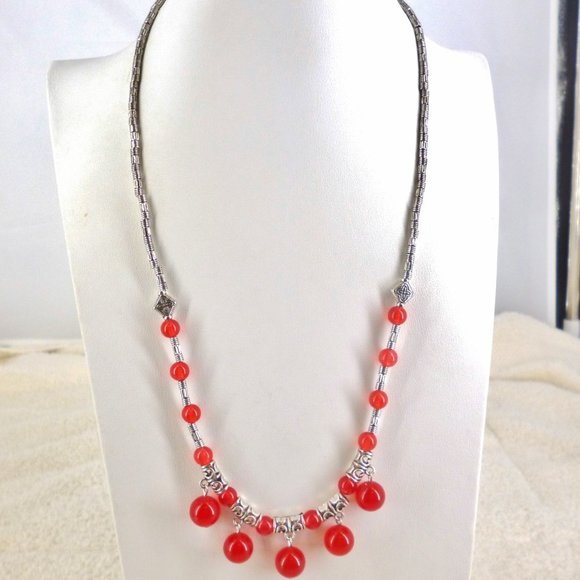 Jewelry Red Glass Bead Fringe Necklace Textured Silver Tone Boho 18